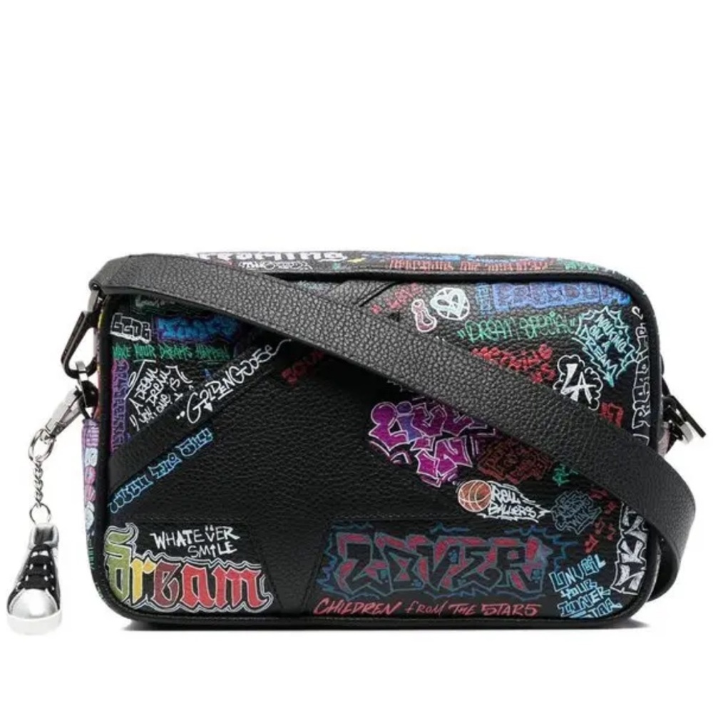 Golden Goose Black Graffiti Star Hammered Leather Crossbody Handbag. One Size.